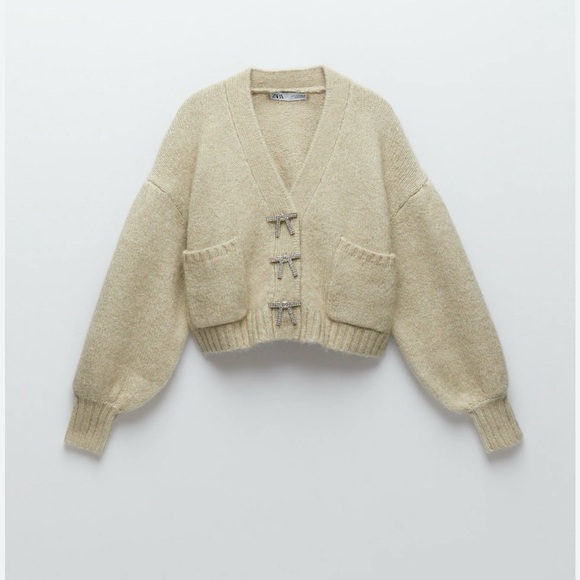 Zara Sweaters - Zara Beige Cardigan Sweater with Bow Details